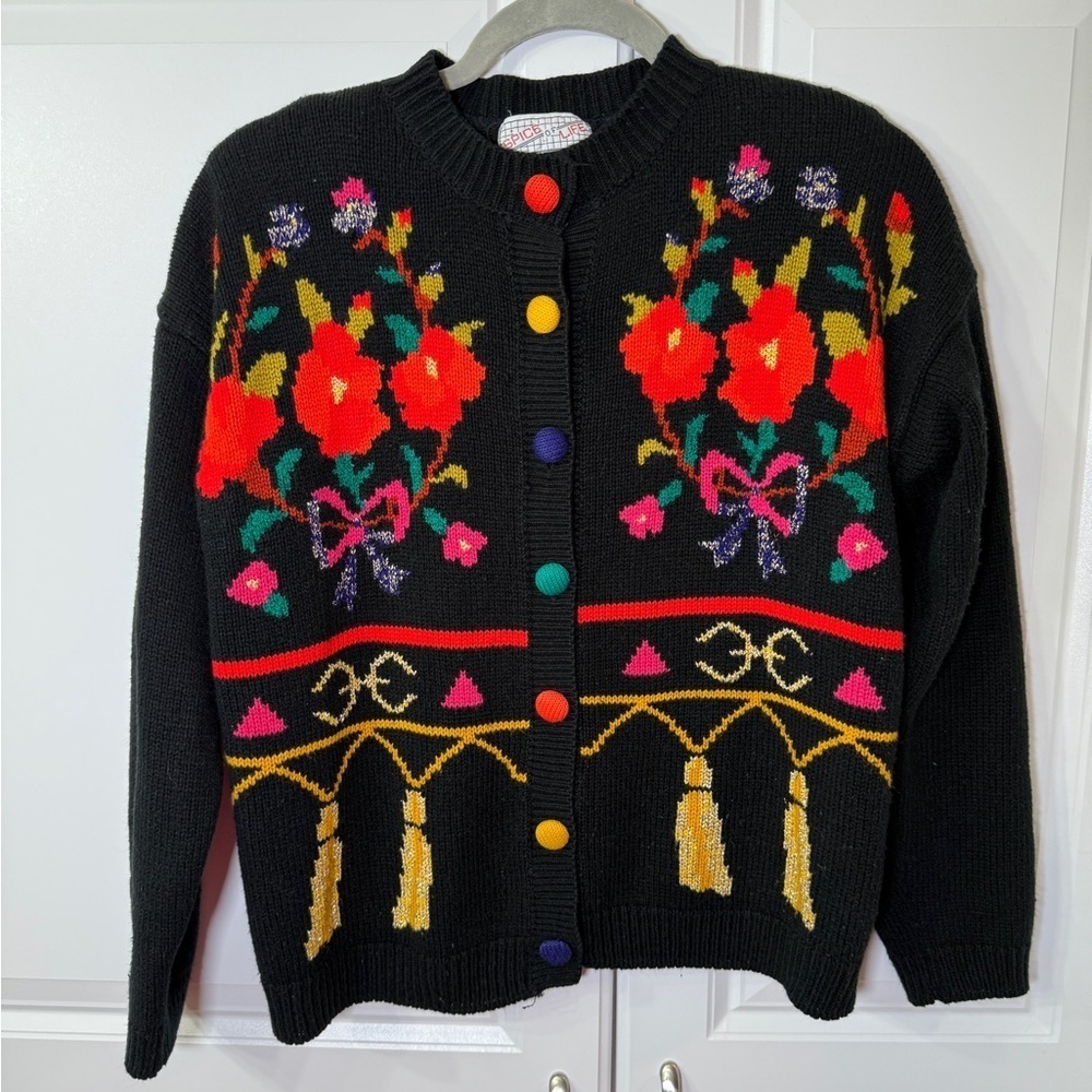 Vintage Spice of Life Floral Bow Embroidered Knit Button Up Cardigan Size Medium